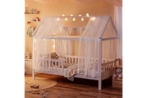 ‎ALCUBE Hausbett Deko Set mit Baldachin, Wimpel und Lichterkette für Hausbetten bis zu 2m Länge in weiß/grau für Jungen I Mädchen Deko für Kinderzimmer I Babyzimmer, Betthimmel lädt Kind zum Träumen ein