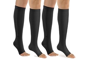 bropite Lot de 2 paires de chaussettes de compression à fermeture éclair pour homme et femme - Hauteur du mollet - 15-20 mmHg - Bout ouvert - Pour la marche, la course à pied