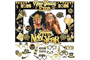 BIOECEUA 2026 Happy New Year Photo Booth Props, Paper Frame with 6 pairs of Party Glasses 12 PCS Funny Props, Selfie Supplies and Celebrate New Years Eve Party Decorations