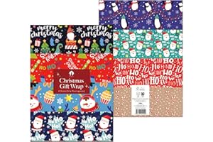 ANGIX 16 x Christmas Wrapping Paper Sheets 70 x 50cm - Assorted Cute & Traditional Festive Designs - Santa, Penguin, Reindeer & Candy Cane - Premium Xmas Gift Wrap Paper for Holiday Presents