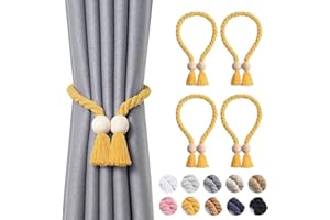 Pretty Jolly 4 Pack Wooden Ball Magnetic Curtain Tiebacks Boho Home Decor Drape Tie Backs Natural Cotton Hand Woven Rope Curtain Holdbacks for Thin & Thick Home & Office Window Draperies (Yellow)