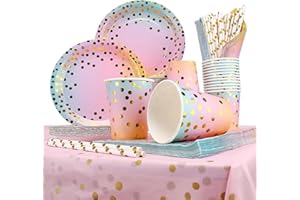 Gowkeey Geburtstag Party Geschir 126 pcs,Regenbogen Pappteller Set,Regenbogen Partyzubehör Pappteller Set,mit Bunt Pappteller, Pappbecher,Tischdecke, Servietten und Strohhalme für viel Gäste