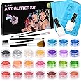 Glitter Tattoo Kit, Konsait 24 Colors Glitter Temporary Tattoo Set Body Glitter Tattoos, Gift for Kids Teenager Adult Boys Girls with 94 Tattoos Stencils, 2 Glue, 5 Brushes