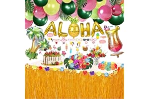 WOHOT 162 Pezzi Gonna Tavolo Hawaiana Aloha Arco Ghirlanda Palloncini, Foglie di Palma Fiori Hawaiani Cake Topper per Il Partito Hawaiano Decorazioni (162 pcs)