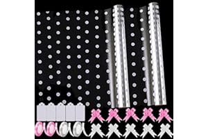 Spurly White Dot Cellophane Wrap for Hampers, 2 Rolls 40cm x 15m, 2.5 Mil Thickness, Ideal for Christmas Gifts, Birthday, Flowers and Baskets - Includes 10 Pull Bows, 4 Ribbon Rolls, 5 Gift Tags