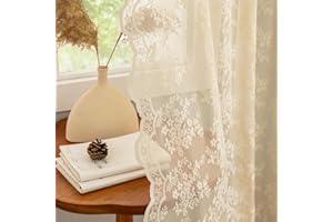 YJ YANJUN Beige Net Curtains 54 Drop Pair Shabby Chic Floral Sheer Lace Curtains for Bedroom Short Window Scalloped Edges Voile Panel Rod Pocket 52" W x 54" L Inch(132cm x 137cm) Beige