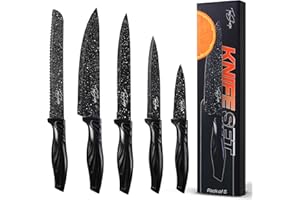 Toni Sharpe Kitchen Knife Set of 5 Black Dotted Knives with Ergonomic Handle - Stainless Steel Chef, Carving, Bread, Utility and Paring Knife for Cooking and Baking