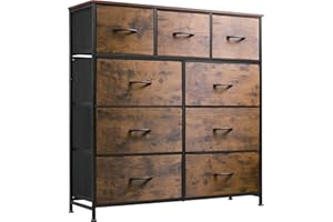 WLIVE Cómoda de 9 Cajones, Gabinete con Parte Superior de Madera y Estructura de Acero para Dormitorio, Sala de Estar, Pasillo, Madera Rústica