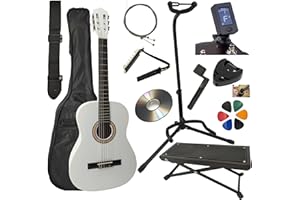 AMROVA Pack Guitare Classique 4/4 (Adulte) Support Guitare + Repose Pied + 9 Accessoires Cour Vidéo et CD (Blanc, 4/4, Droit)