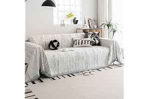 WEYOND Chenille Sofa Cover and Couch Cover with Tassels, Reversible Slipcover for L-Shaped Sectional, 2 3 4 Seater Sofa, Pet-Friendly Striped Design (180 x 340 cm, White)