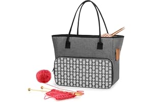 Yarwo Bolsa de Ovillos con Muchos Bolsillos, Labores Organizadora para Lanas, Bolsa de Costura para Agujas (14”/35.5cm), Gris con Flecha