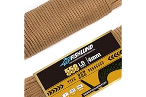 FISHLUND Paracord 550 lb, 7 Strand Type III Paracord Rope 50ft, High Strength Nylon Parachute Cord for Camping, Survival, Tactical and Hiking, Coyote