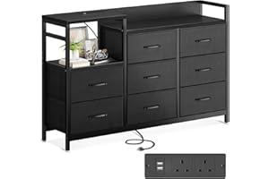 ODK Black Chest of Drawers Bedroom, Contains 2 USB & 2 AC Ports Sockets, Storage Dresser with 8 Fabric Drawers Suitable for Bedrooms, Living Rooms