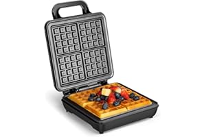 VonShef Waffle Maker Large – 4 Slice Waffle Iron with Non-Stick Plates, 1100W, Quad Belgian & American Desserts Machine, Cool Touch Handle – Silver