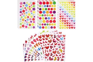 21 Feuilles Gommettes Autocollantes, Plus de 1300 Stickers Gommettes Enfants en Forme de Coeurs Étoiles Pois Autocollants Colorés pour Activités Manuelles Photo Cadeau Scrapbooking