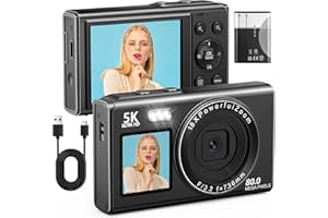 LONGYI Digital Camera 5K Vlogging Camera 80MP cameras for photography Portable Compact Photo Camera with 2.4'' LCD Screen & 1.5'' Selfie screen, 18X Digital Zoom, 32G SD Card for Teens Adult Beginners, Black