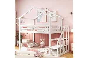 TZCIN Etagenbett Kinderbett 90 x 200 mit Treppe & Stauraum, Hochbett Hausbett für 2 Kinder, Massivholz Stockbett Jugendbett Doppelbett, Baumhaus Bett mit Rausfallschutz und Lattenrost, Weiß, Ohne Matratze
