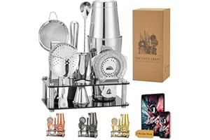 Jettory Boston Shaker Set da 10 Pezzi in Acciaio Inox Con Base Acrilica - Colino, Pinza per Ghiaccio, Cucchiaio, Misurino, Pestello - Perfetto per il Bar di Casa (Argento)