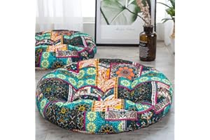 HIGOGOGO Turquoise Meditation Pillow for Floor, Round Bohemian Seat Cushion Thick Cotton Linen Pouf India Mandala Boho Style Yoga Pillow for Living Room Kids Playing Room Party Decoration, 22 Inch