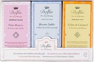 Dolfin 6 Barras de Chocolate Negro y con Leche - Pistacho Tostado, Chips Caramelo, Pan Corto, Galletas Petit Beurre, Almendras, Nibs de Cacao, Sal Natural - 180g