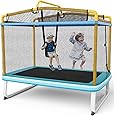 GYMAX 6 FT Kids Trampoline, 3-in-1 Rectangle Trampoline with Enclosure Net, Swing, Horizontal Bar and Spring Cover, Indoor Outdoor Combo Bounce Trampoline for Boys & Girls