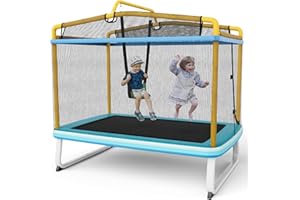 GYMAX 6 FT Kids Trampoline, 3-in-1 Rectangle Trampoline with Enclosure Net, Swing, Horizontal Bar and Spring Cover, Combo Bounce for Boys & Girls (Blue + Yellow), 190 x 124 x 213cm (L W H)