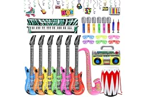 OKABAY 32Pcs Inflatable Instruments Accessories Set,Neon Inflatable Party Prop Inflatable Guitar Microphones Piano Drum Boom Box Saxophone Hanging Swirls,Inflatable Rock Star Toy 80s for Party Kids Adults