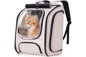 Pecute Sac Transport Chat Petit Chien Extensible, Sac a Dos Chat Respirant, Sac de Transport pour Chat Spacieux,Pliable, avec Fenêtres Transparentes Portable Sac Chat Transport pour Voyage, Kaki