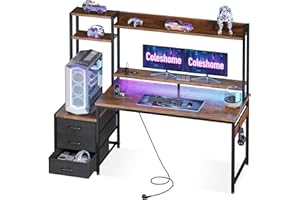 Coleshome Escritorio Gaming con Estanteria y Cajones, Mesa Gaming con Iluminación LED & Toma de Corriente, Escritorios para PC con Repisas de Almacenamiento (Marrón, 137×48 cm)