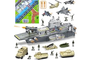 deAO Porte-Avions De Jouet, Navire Militaire avec 10 Soldats, Hélicoptères, Chars, Maquette De Bateau Cuirassé, Kit de Jouets Militaires Cadeau pour Enfants 3-12 Ans