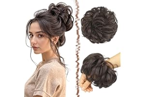 FESHFEN Moños Postizos, Natural Rizado Ondulado Postizo Moño Sintético Extensiones de Cabello Pelo Desordenado Coleta Postiza para Mujer 55g, Marrón Oscuro