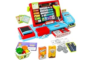 Joellfuner Caja Registradora de Juguete para Niños, Supermercado Juguete con Calculadoras Reales /Escáner/Tarjeta de Crédito/Dinero de Juego, Tiendas de Juegos Fingidas para Pequeños 3 4 5 6 años