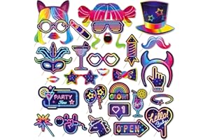 CASHLANDER 30 Pcs Neon Photo Booth Props, Glow Selfie Props for Birthday Wedding Christmas Carnival Funny Party Supplies Decoration and Favors