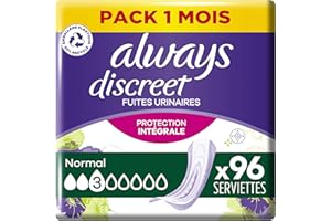 Always Discreet, 96 Serviettes Hygiéniques Incontinence Femme, Normal 3 Gouttes, Protection Absorbante pour Fuites Urinaires Modérées, Pack 1 Mois