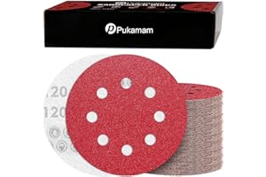 PUKAMAM 120 sztuk papieru ściernego, 125 mm, na rzep krążki szlifierskie o ziarnistości 120, do 8 otworów, okrągłe, szlifierki mimośrodowe, szlifowanie drewna, metalu i farby