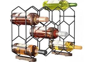 Nuovoware Countertop Wine Rack, 14-Bottle Freestanding Modern Carbon Steel Holder Hexagonal Structure, 3 Tier Tabletop Wine Bottle Organizer Storage for Cabinet, Pantry, Black+Retro Brown