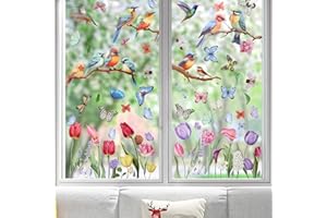 MARFOREVER Fensterbilder Frühling Deko Selbstklebend, 9 Blätter Fenstersticker Doppelseitig Fensteraufkleber Blumen Vögel Schmetterling Aufkleber Fensterdeko Wiederverwendbar Fensterfolie Glas