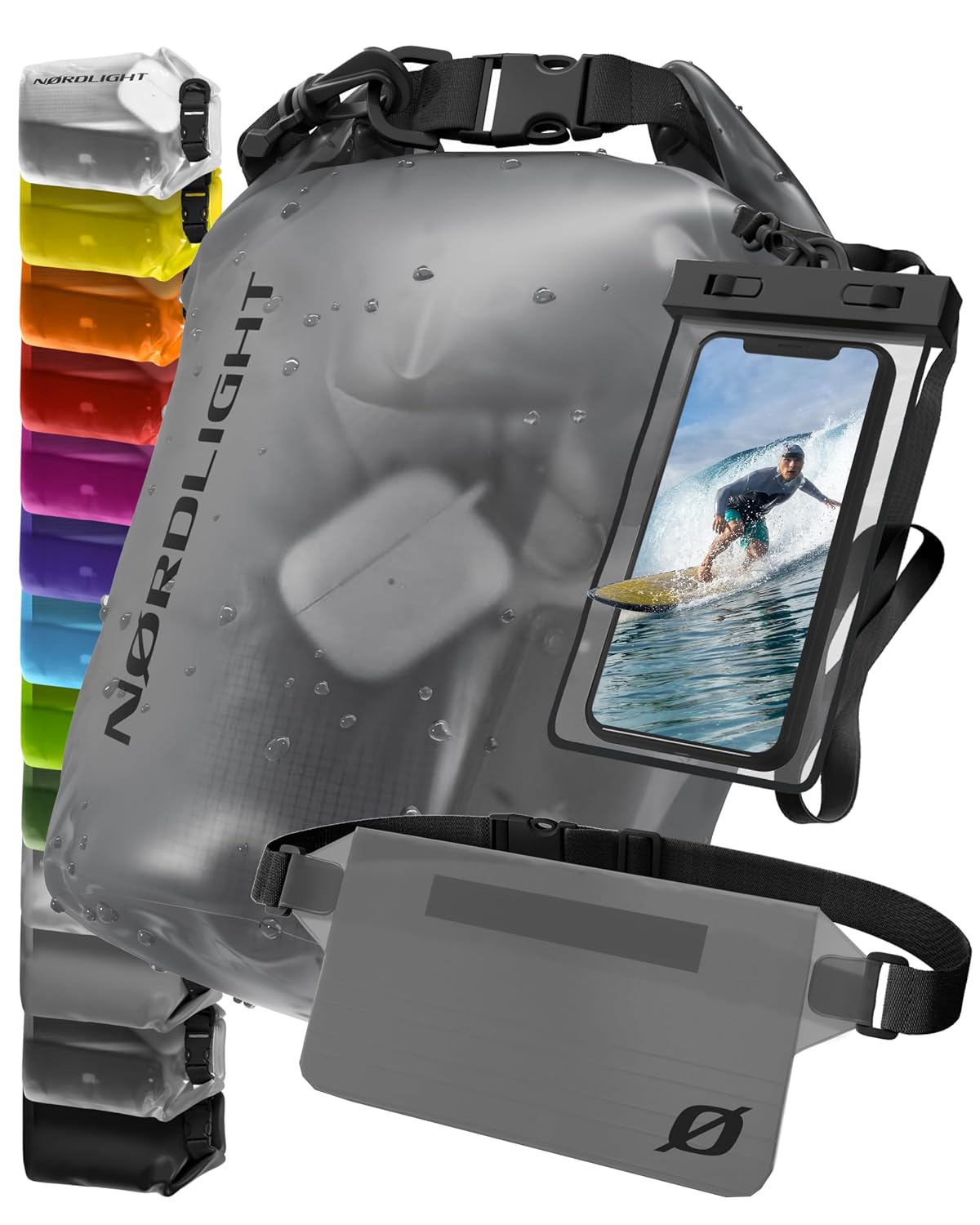 Nordlight Waterdichte tas en rugzak, 2 l, 5 l, 10 l, 15 l, 20 l, 30 l Dry Bag met roltopsluiting en schouderriem, met waterdichte telefoonhoes en heuptas