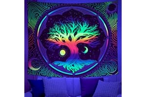 Dremisland Gobelin ścienny z drzewem życia, czarne światło, reaktywne, UV, kolorowe tło, estetyczne słońce i księżyc, gobelin ścienny, sypialnia, dekoracja domu, L / 132 cm x 180 cm, drzewo życia)