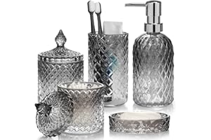 GOLDMEET 5 Stück Glas Badezimmer Zubehör Sets, Seifenspender Set mit Seifenspender, Seifenschale, Zahnbürstenhalter, Wattestäbchen Kanister, Becher, Badezimmer Deko Set, Badezimmer Organizer (schwarz)