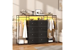Feonase 8-Drawer Dresser for Bedroom with Hanging Rack, LED Lights, Fabric Drawers, Metal Frame & Wooden Top, Heavy Duty Cloth Rack Closet Wardrobe with Drawers 150cm W x110cm H, Black