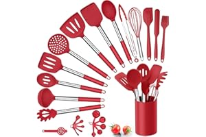 Herogo Set di 25 utensili da cucina in silicone con supporto, set di posate da cucina resistenti al calore, con manico in acciaio inox, antiaderente, set da cucina, contenitore, rosso