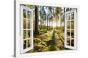 PICANOVA – Photo sur Toile Lever du Soleil dans la Forêt de Pins Fenêtre 120x80cm – Impression sur Toile Haut de Gamme – Image sur Toile pour Décoration Murale Moderne – La Collection Forêt