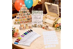 ERUAOLYTIC 102 Stück Babyparty Spiele Set – Lustige Baby Shower & Gender Reveal Spiele für Gäste, mit 48 Holzwürfeln zum Bemalen, 40 Schablonen, 12 Acrylstiften, Holzschild & Holzbox –Geschenk für werdende Mama