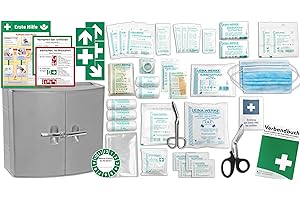 ‎WM-TEAMSPORT Erste Hilfe Schrank-Medizinschrank-Verbandschrank (385x180x325) -Komplettpaket- Füllung nach AKTUELLER DIN/EN 13157 (Betriebe) + viele Extras INKL. Verbandbuch + Aushang + Folienaufkleber