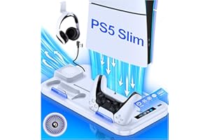 ALEEMTRY Base PS5 Slim, Supporto PS5 Slim con Ventola di Raffreddamento a 3 Stadi, Raffreddamento Rapido/Caricatore Joystick PS5/Supporto per Cuffie, Accessori PS5 per PS5 Slim Disc e Console Digitale