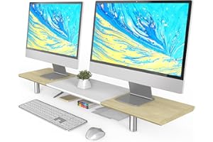 Fenge Grande supporto per monitor da 100 cm, doppio monitor con gamba regolabile in altezza, per PC, laptop, TV, 100 x 23,5 x (9,2 – 11,2) cm, bianco + rovere