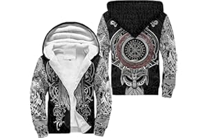 GENERIC Wikinger Herren Winter Dicke Warme Mantel, 3D Printed Fenrir Wolf Tattoo Schwergewicht Fleece Reißverschluss Hoodie Jacke, mittellang Freizeit Parka, Mittelalter Mode Kapuzenpullover, Morgenmantel