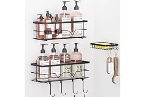 LaFleurs Etagere Douche sans Percage Lot de 3, Étagère Murale Salle de Bain avec Porte Savon et 4 Crochets, Antirouille Support Gel Douche et Shampoing, Panier Rangement Accessoire Douche (Noir)