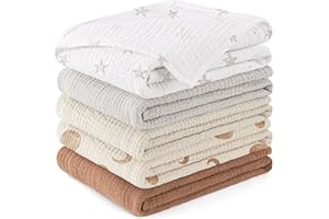 Susurration Langes Coton BéBé 60x60cm,Lot de 5 Mousseline de Coton Carrés de Mousseline Super Absorbant de Mousseline à Grain pour Unisexe Bébé Filles et Garçons(Lune d'abricot)